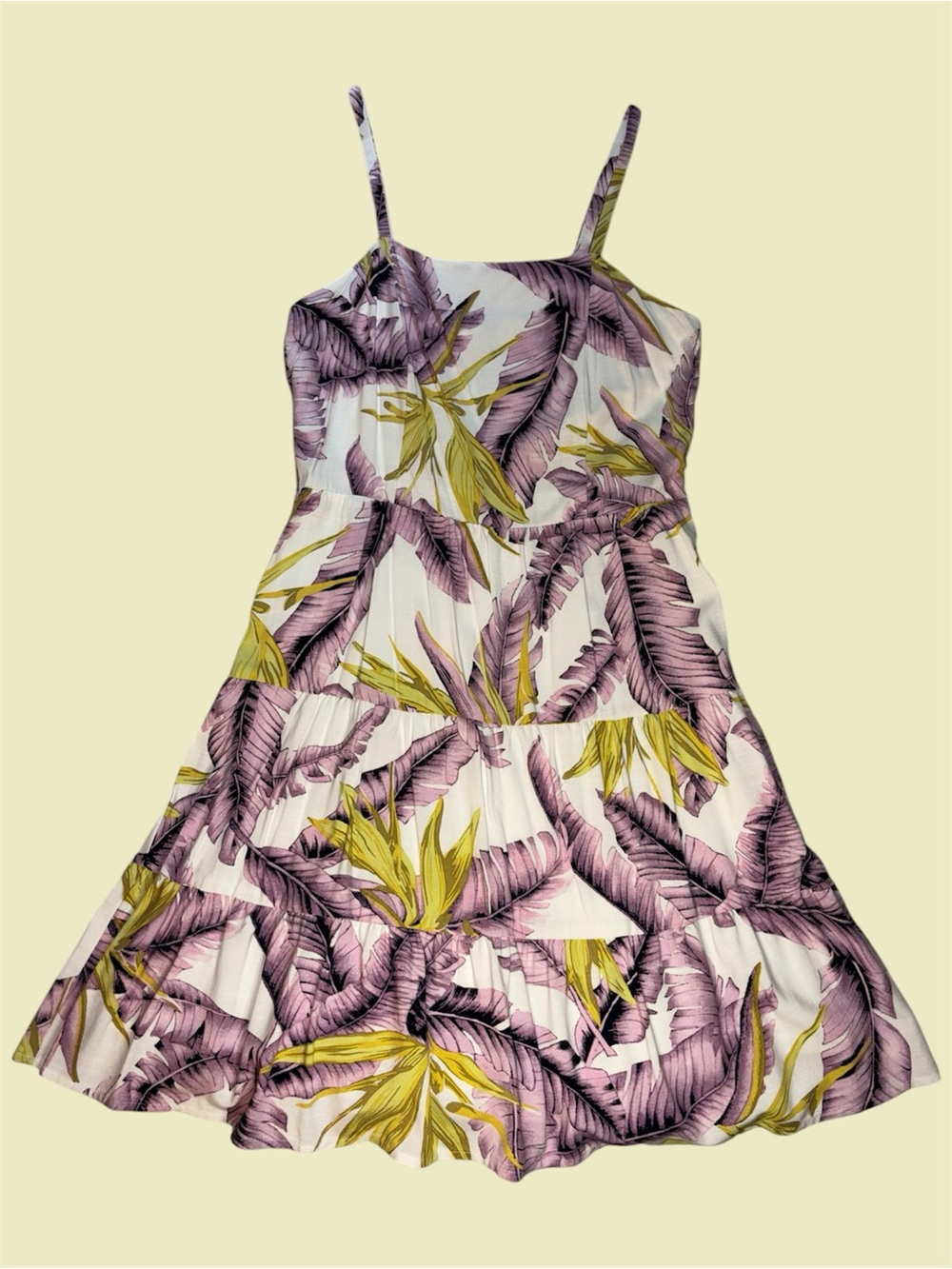 LOFT Pink and Yellow Tropical Fern Print Midi‎ Ruffle Sundress